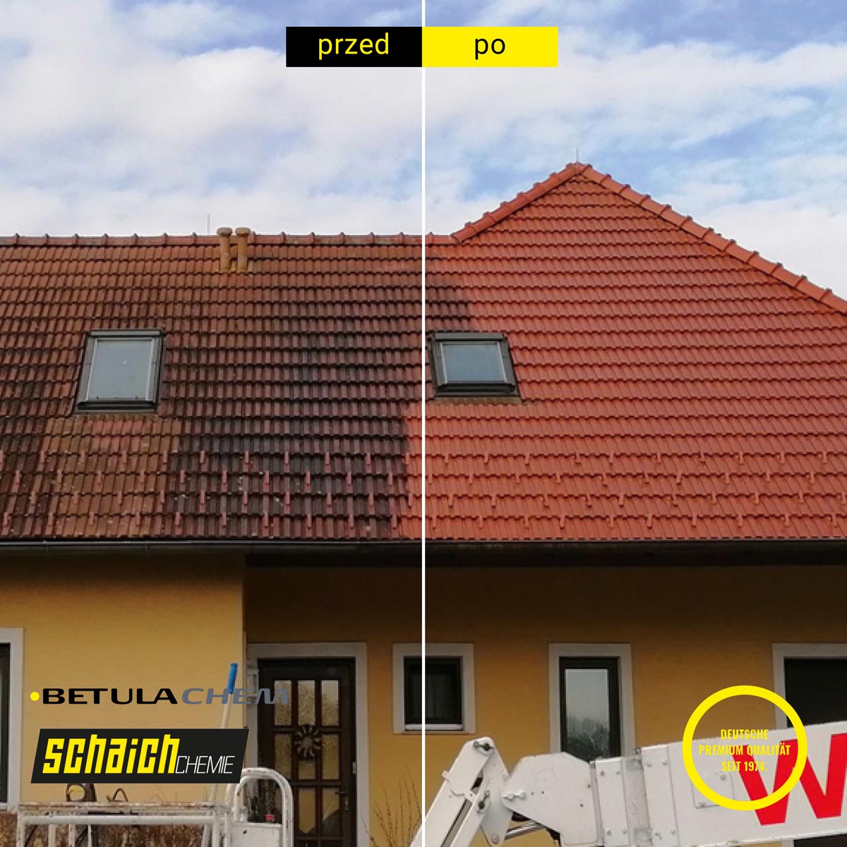 Mycie dachu z wykorzystaniem środków Schaich Chemie - efekt przed i po
